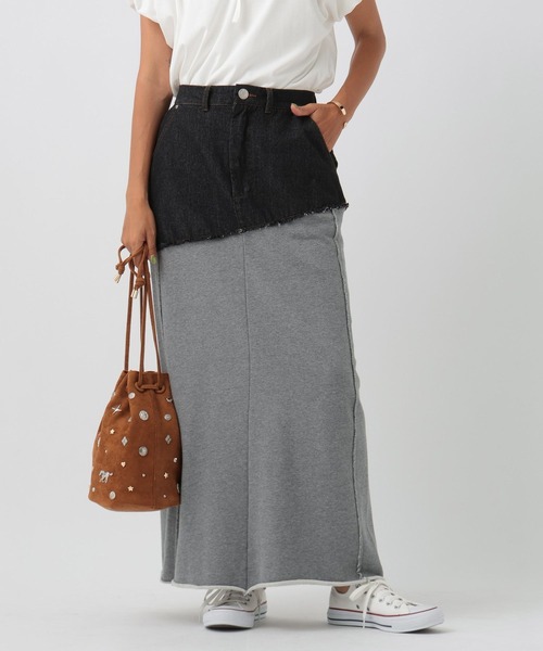 BAYFLOW（ベイフロー）の「[ストレッチ入りで動きやすい]異素材キリカエスカート（スカート・レディース・ブラック/インディゴブルー・FREE）」の9枚目の写真