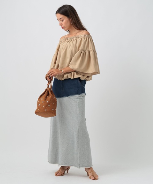 BAYFLOW（ベイフロー）の「[ストレッチ入りで動きやすい]異素材キリカエスカート（スカート・レディース・ブラック/インディゴブルー・FREE）」の11枚目の写真