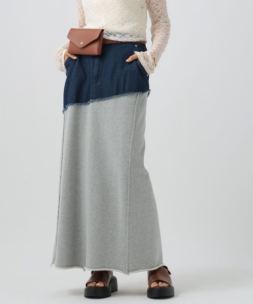 BAYFLOW（ベイフロー）の「[ストレッチ入りで動きやすい]異素材キリカエスカート（スカート・レディース・ブラック/インディゴブルー・FREE）」の13枚目の写真