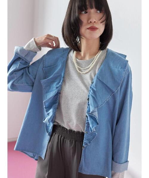 Samansa Mos2 blue（サマンサモスモスブルー）の「【ECO DENIM 】フリルブラウス（シャツ/ブラウス・レディース・ブルー/チャコールグレー/ネイビー・F）」の14枚目の写真