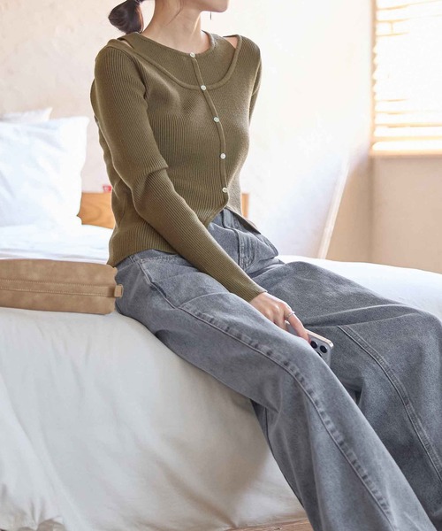 CHAN ME(チャンミ)の「レイヤードデザインリブニット(ニット/セーター・レディース・ブラック/カーキ/ホワイト・MEDIUM/LARGE)」の18枚目の写真