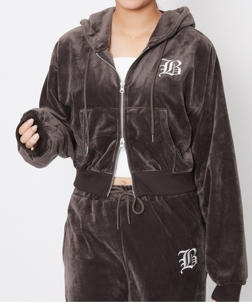 セール】《ベロア×ロゴ刺繍》レディース ジップパーカー フーディ