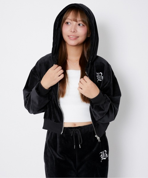 セール】《ベロア×ロゴ刺繍》レディース ジップパーカー フーディ