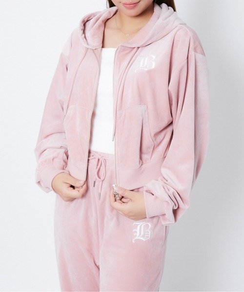 セール】《ベロア×ロゴ刺繍》レディース ジップパーカー フーディ