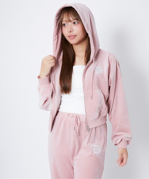 ✨希少✨DOUX DOUCE ベロア セットアップ 背面デカロゴ ロゴ刺繍 M セール】《ベロア×ロゴ刺繍》レディース ジップパーカー フーディ