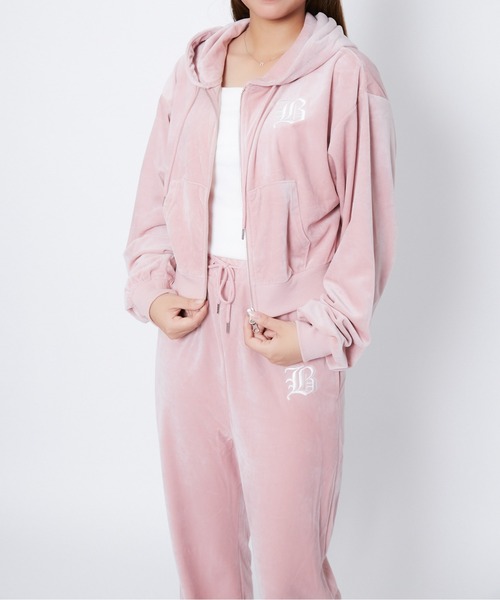 セール】《ベロア×ロゴ刺繍》レディース ジップパーカー フーディ