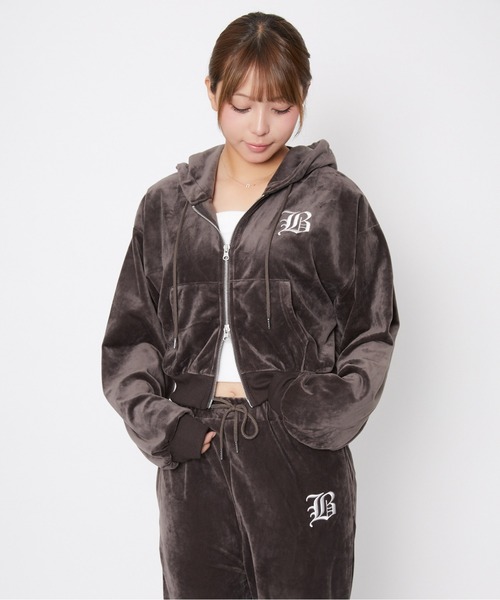 セール】《ベロア×ロゴ刺繍》レディース ジップパーカー フーディ