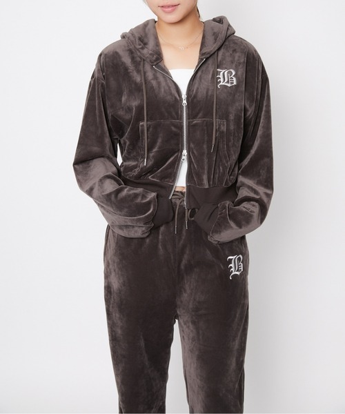 セール】《ベロア×ロゴ刺繍》レディース ジップパーカー フーディ