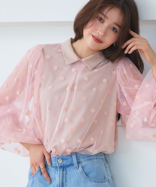 RUIRUE BOUTIQUE(ルイルエブティック)の「洗える ストレッチ | チュール ドット シャツカラー ブラウス | 長袖 トップス シャツ ブラウス(シャツ/ブラウス・レディース・ブラック/ピンク/グレー系1・S/M/L/LL)」の3枚目の写真