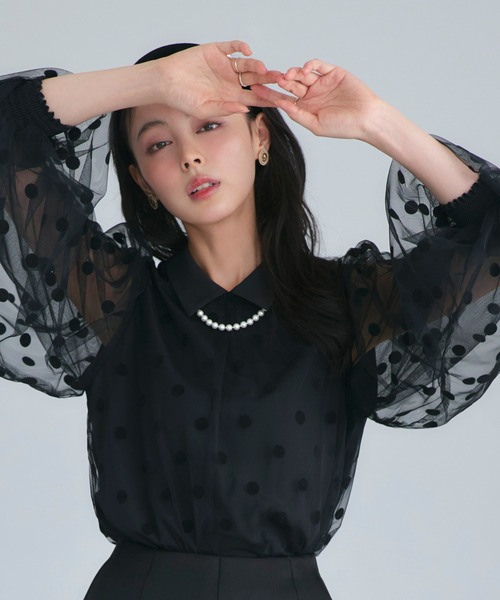 セール】洗える ストレッチ ｜ チュール ドット シャツカラー ブラウス