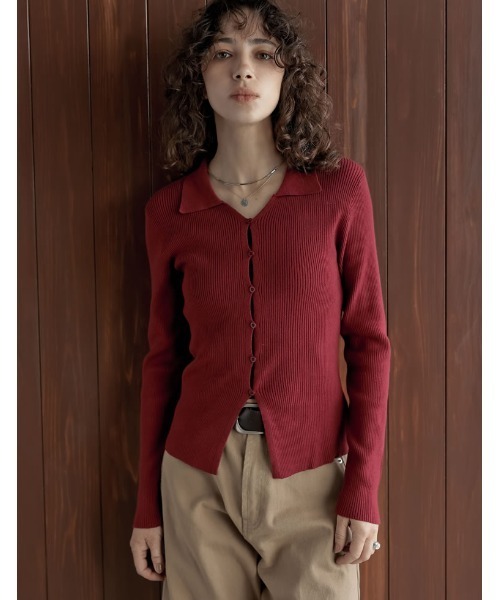 Re:EDIT（リエディ）の「[2025AW COLLECTION]ポロカラーニットトップス（ニット/セーター・レディース・ブラック/アイボリー/チャコールグレー/レッド・MEDIUM/LARGE）」の4枚目の写真