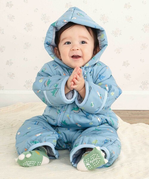 SLAP SLIP BABY（スラップスリップベビー）の「【お揃い】総柄胸刺しゅう裏フリースタフタバギーオールベビー(50~80cm)（その他ベビーウェア・キッズ・オフホワイト/ブルー・FREE）」の3枚目の写真