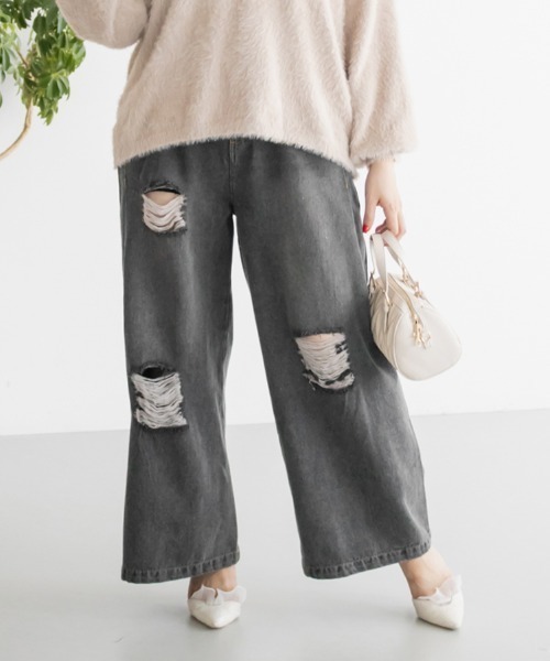 CLETTE(クレット)の「CLETTEオリジナルダメージデニムワイドパンツ(その他パンツ・レディース・ブルー/ブラック/サックスブルー・4L/3L/LL)」の2枚目の写真