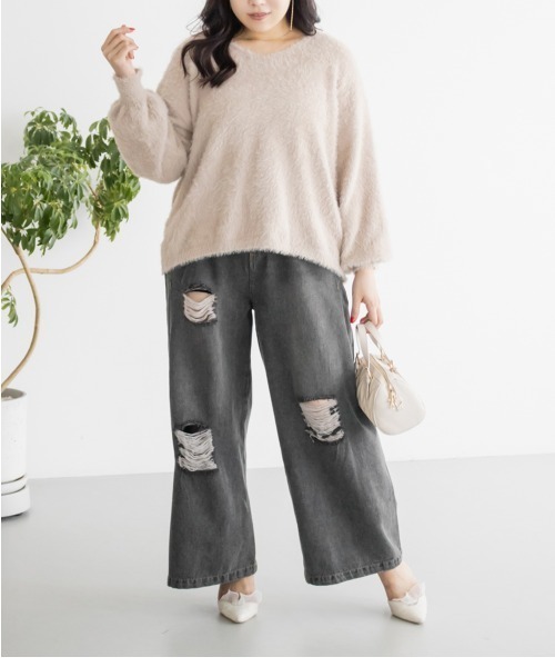 CLETTE(クレット)の「CLETTEオリジナルダメージデニムワイドパンツ(その他パンツ・レディース・ブルー/ブラック/サックスブルー・4L/3L/LL)」の5枚目の写真