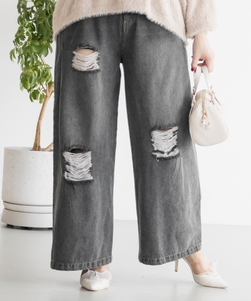 CLETTE(クレット)の「CLETTEオリジナルダメージデニムワイドパンツ(その他パンツ・レディース・ブルー/ブラック/サックスブルー・4L/3L/LL)」の6枚目の写真