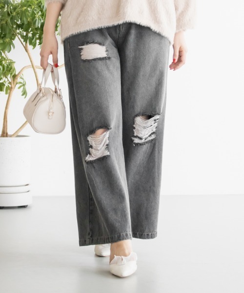 CLETTE(クレット)の「CLETTEオリジナルダメージデニムワイドパンツ(その他パンツ・レディース・ブルー/ブラック/サックスブルー・4L/3L/LL)」の4枚目の写真