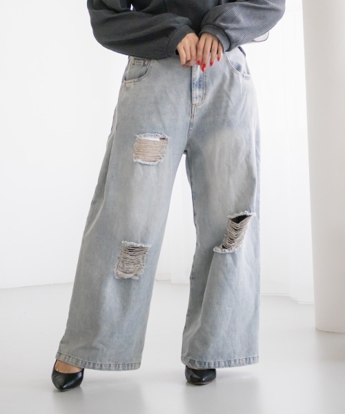 CLETTE(クレット)の「CLETTEオリジナルダメージデニムワイドパンツ(その他パンツ・レディース・ブルー/ブラック/サックスブルー・4L/3L/LL)」の7枚目の写真