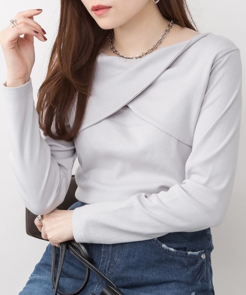 RCD(アールシーディー)の「前後2wayフロントクロスカットソー(Tシャツ/カットソー・レディース・ブラック/カーキ/ブルーグレー/オフホワイト/チャコールグレー・LL/4L/M/L/3L)」の5枚目の写真