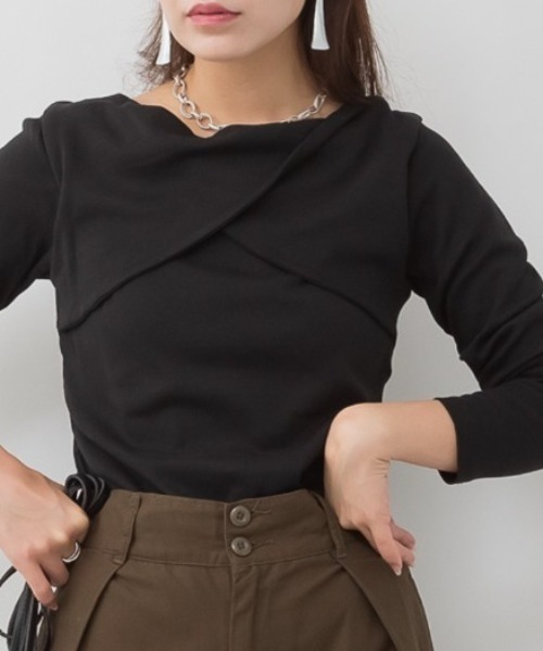 RCD(アールシーディー)の「前後2wayフロントクロスカットソー(Tシャツ/カットソー・レディース・ブラック/カーキ/ブルーグレー/オフホワイト/チャコールグレー・LL/4L/M/L/3L)」の3枚目の写真