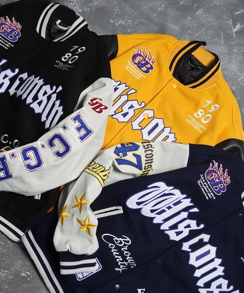 1111clothing(ワンフォークロージング)の「アップリケ コラージュ スタジャン / Applique Collage Stadium Jacket(スタジャン・メンズ・イエロー/ネイビー/ブラック・M/L)」の4枚目の写真