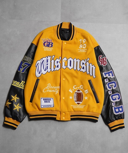 1111clothing(ワンフォークロージング)の「アップリケ コラージュ スタジャン / Applique Collage Stadium Jacket(スタジャン・メンズ・イエロー/ネイビー/ブラック・M/L)」の9枚目の写真