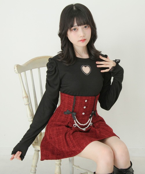 DearMyLove（ディアマイラブ）の「ストーンハートくり抜きリブカットトップス（Tシャツ/カットソー・レディース・ブラック/ホワイト・3L/LL/LARGE/MEDIUM）」の2枚目の写真