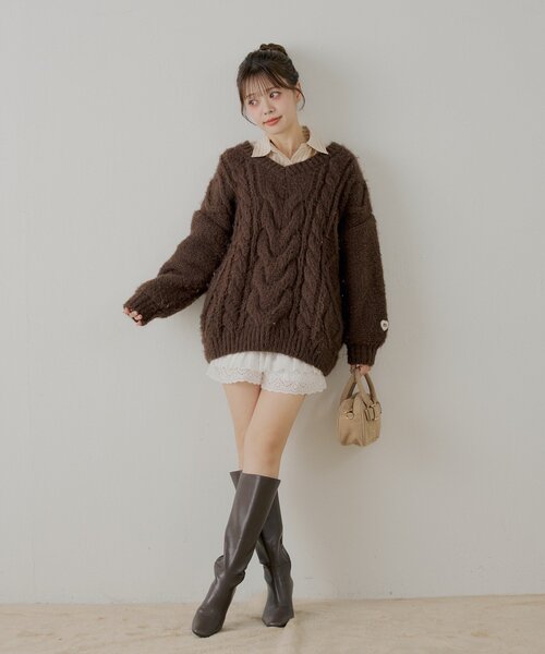 新品 tan ケーブルワンピース ERUKEI エルケイ】ドット/ ロングスリーブ/ 長袖/フリルデザイン/ 膝丈