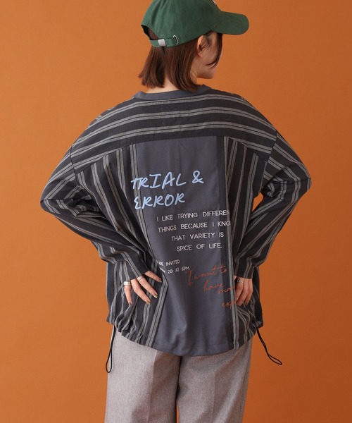 Emago(イマゴ)の「EMAGO ロゴ刺繍ストライプジャケット(シャツ/ブラウス・レディース・チャコールグレー・FREE)」の1枚目の写真