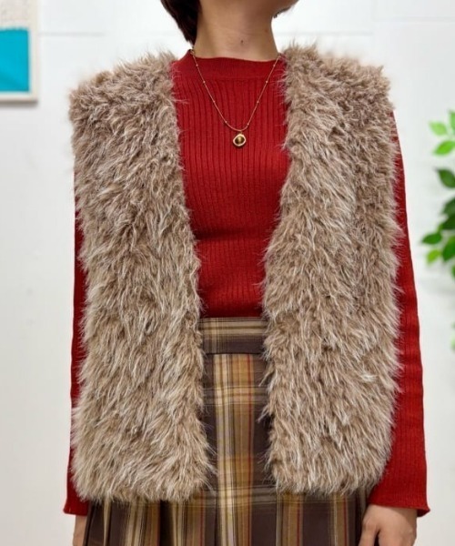 Right-on(ライトオン)の「【HONEYSUCKLE ROSE】フェイクファー ベスト (エコファー / 体型カバー)(ベスト・レディース・ブラウン/ライトベージュ・L/M)」の6枚目の写真