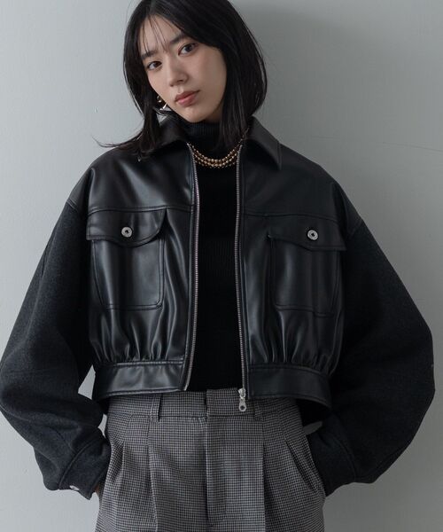 GALLEST（ギャレスト）の「レザー調メルトンMIXブルゾン（ブルゾン・レディース・ライトグレー/ブラック・38）」の2枚目の写真