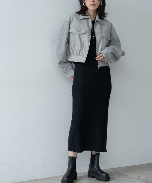 GALLEST（ギャレスト）の「レザー調メルトンMIXブルゾン（ブルゾン・レディース・ライトグレー/ブラック・38）」の5枚目の写真