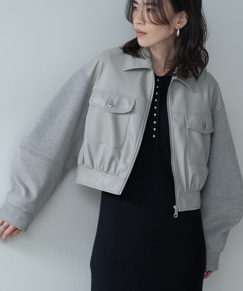 GALLEST（ギャレスト）の「レザー調メルトンMIXブルゾン（ブルゾン・レディース・ライトグレー/ブラック・38）」の6枚目の写真