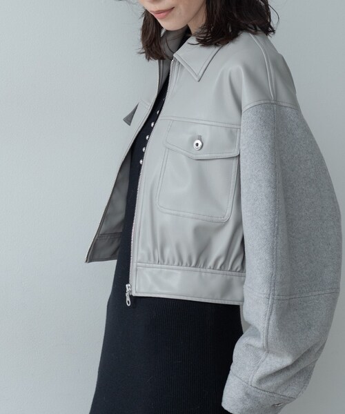 GALLEST（ギャレスト）の「レザー調メルトンMIXブルゾン（ブルゾン・レディース・ライトグレー/ブラック・38）」の7枚目の写真