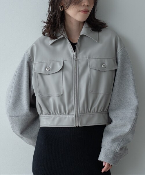 GALLEST（ギャレスト）の「レザー調メルトンMIXブルゾン（ブルゾン・レディース・ライトグレー/ブラック・38）」の17枚目の写真