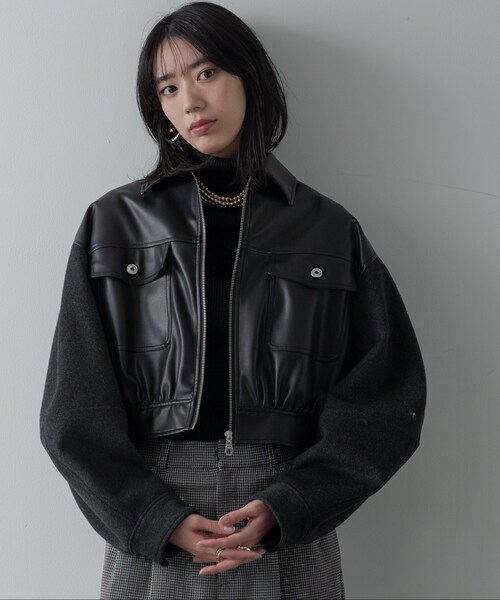 GALLEST（ギャレスト）の「レザー調メルトンMIXブルゾン（ブルゾン・レディース・ライトグレー/ブラック・38）」の19枚目の写真