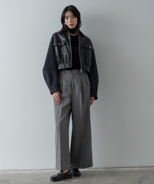 GALLEST（ギャレスト）の「レザー調メルトンMIXブルゾン（ブルゾン・レディース・ライトグレー/ブラック・38）」の8枚目の写真