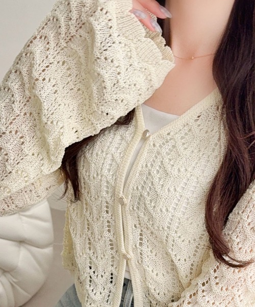 Chloe38カシミア　アイボリー レース カーディガン 長袖 セール】【mily bilet】“涼しげ×あざと可愛い”の最強タッグ♪透かし