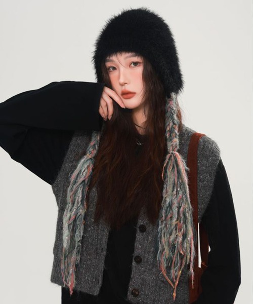 セール】モヘアニット フリンジイヤーキャップ ビーニー/MIXカラー