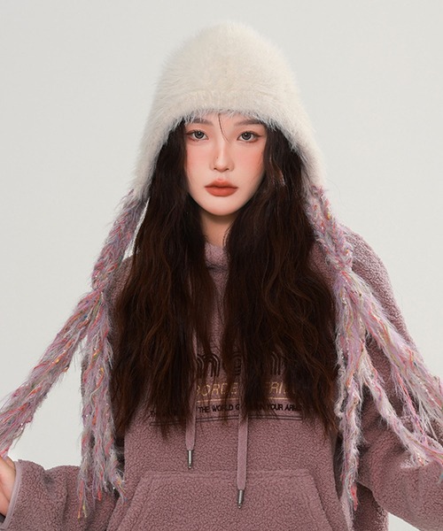 セール】モヘアニット フリンジイヤーキャップ ビーニー/MIXカラー