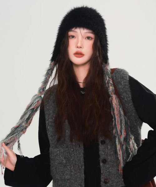 セール】モヘアニット フリンジイヤーキャップ ビーニー/MIXカラー