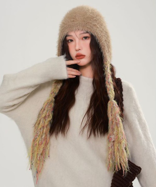 セール】モヘアニット フリンジイヤーキャップ ビーニー/MIXカラー