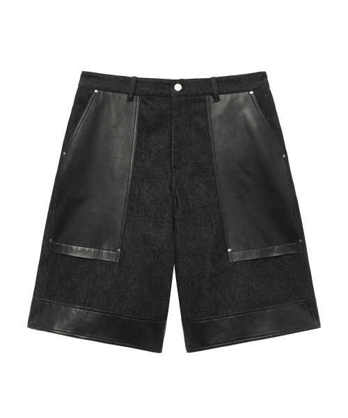 UNGIMMICK(アンジミック)の「LEATHER MIX DENIM BERMUDA SHORTS (BLACK)(その他パンツ・メンズ・その他・MEDIUM/LARGE)」の1枚目の写真