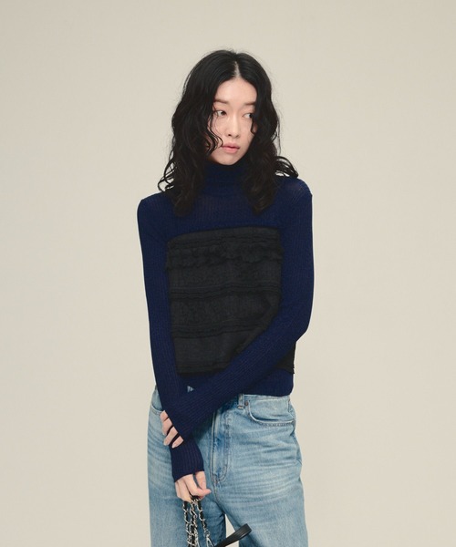 eL(エル)の「【eL】Jacquard Frill BarTop/641318(Tシャツ/カットソー・レディース・ブラック/オフホワイト・FREE)」の2枚目の写真