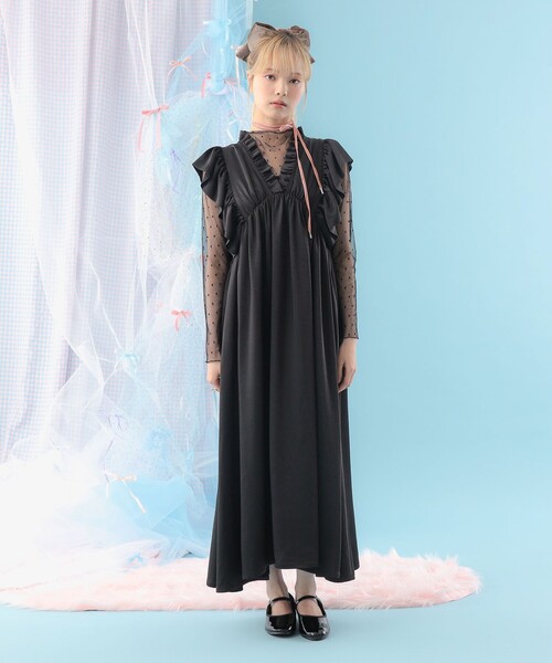 CAROLINA GLASER（カロリナ グレイサー）の「フリルスリーブ Vネック ロングワンピース（ワンピース・レディース・ドット/ブラック・M/S）」の3枚目の写真