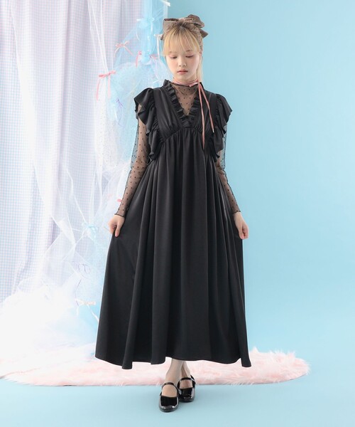 CAROLINA GLASER（カロリナ グレイサー）の「フリルスリーブ Vネック ロングワンピース（ワンピース・レディース・ドット/ブラック・M/S）」の4枚目の写真