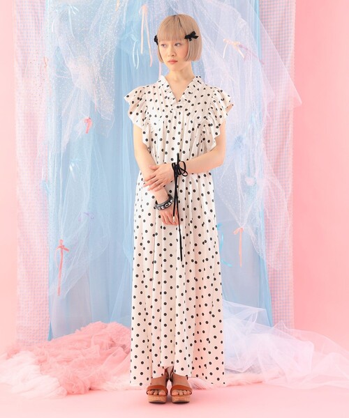 CAROLINA GLASER（カロリナ グレイサー）の「フリルスリーブ Vネック ロングワンピース（ワンピース・レディース・ドット/ブラック・M/S）」の14枚目の写真