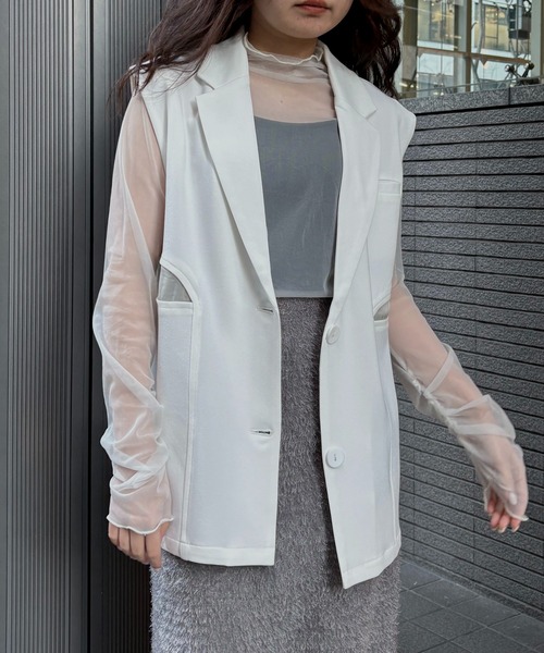 &g'aime(アンジェム)の「【&g'aime 】シアー切替ベスト Sheer Panel Vest(ベスト・レディース・アイボリー/ブラック・FREE)」の3枚目の写真
