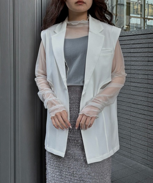 &g'aime(アンジェム)の「【&g'aime 】シアー切替ベスト Sheer Panel Vest(ベスト・レディース・アイボリー/ブラック・FREE)」の4枚目の写真