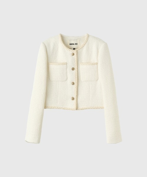 GENERAL IDEA（ジェネラルアイデア）の「【GENERAL IDEA】クロップツイードジャケット / trimming crop tweed jacket（ノーカラージャケット・レディース・ブラック/ホワイト・S/L/M）」の8枚目の写真