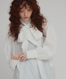 スタンドカラー ボウタイ シアー ブラウス / Stand Collar Bow Tie Blouse